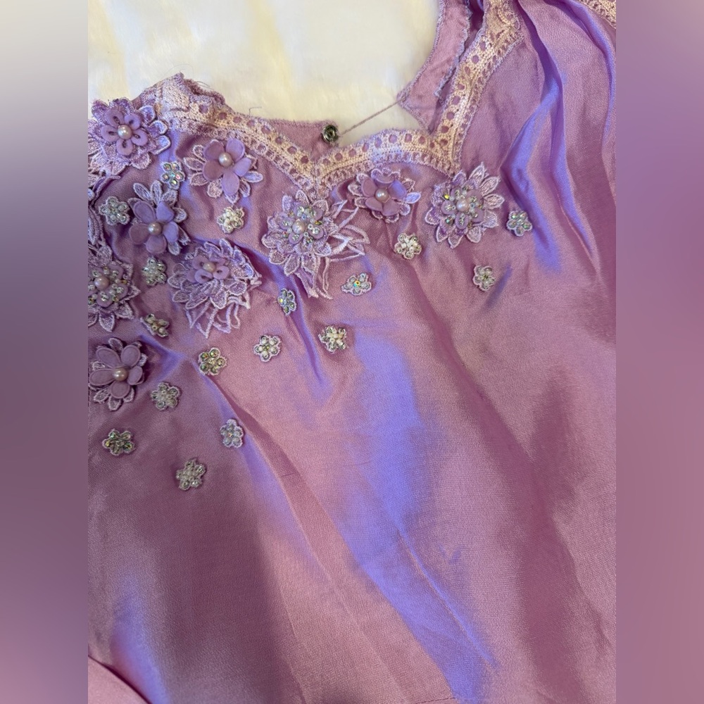 Farah Talib Aziz Pakistani Indian Lavender Raw Silk Wrap Shirt With Sleeves - Picture 12 of 15